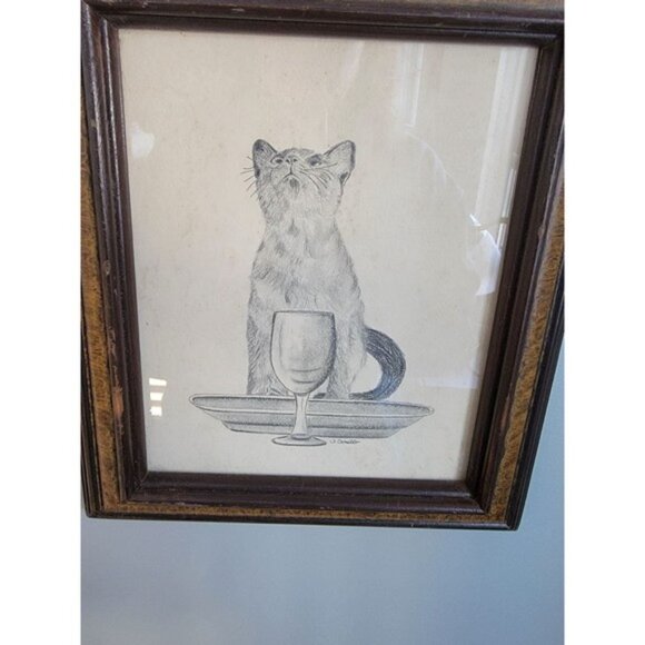 Vintage CAT Picture Drawing Pencil Sketch Wood Framing J. Camillo Artist Signed - Picture 2 of 5